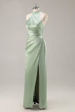 Sage Green Sheath Satin High Neck Backless Long Bridesmaid Dress with Side Slit
