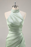 Blush Sheath Halter Satin Pleated Open Back Long Bridesmaid Dress with Slit
