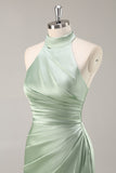 Sage Green Sheath Satin Ruched Backless Long Bridesmaid Dress with Slit