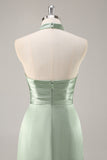 Sage Green Sheath Satin Ruched Backless Long Bridesmaid Dress with Slit