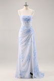 Blue Floral Spaghetti Straps Mermaid Streamer Corset Long Bridesmaid Dress with Slit