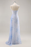 Blue Floral Spaghetti Straps Mermaid Streamer Corset Long Bridesmaid Dress with Slit