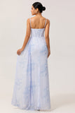 Blue Floral Spaghetti Straps Mermaid Streamer Corset Long Bridesmaid Dress with Slit