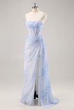 Blue Floral Mermaid Spaghetti Straps Corset Long Bridesmaid Dress with Streamer