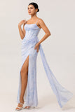 Blue Floral Spaghetti Straps Mermaid Streamer Corset Long Bridesmaid Dress with Slit