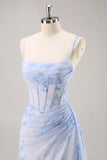 Blue Floral Mermaid Spaghetti Straps Corset Long Bridesmaid Dress with Streamer