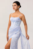 Blue Floral Spaghetti Straps Mermaid Streamer Corset Long Bridesmaid Dress with Slit
