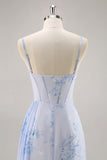 Blue Floral Mermaid Spaghetti Straps Corset Long Bridesmaid Dress with Streamer