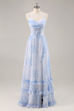Blue Flower A-Line Cowl Neck Corset Long Bridesmaid Dress with Slit