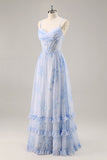 Blue Flower A-Line Cowl Neck Corset Long Bridesmaid Dress with Slit