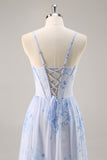 Blue Flower A-Line Cowl Neck Corset Long Bridesmaid Dress with Slit