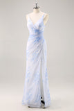 Blue Flower Sheath V Neck Ruched Long Bridesmaid Dress with Slit