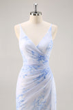 Blue Flower Sheath V Neck Ruched Long Bridesmaid Dress with Slit