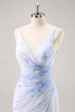 Blue Flower Sheath V Neck Ruched Long Bridesmaid Dress with Slit