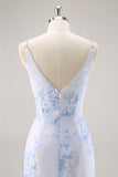 Blue Flower Sheath V Neck Ruched Long Bridesmaid Dress with Slit