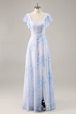 Blue Flower A-Line Square Neck Chiffon Flutter Sleeves Long Bridesmaid Dress with Slit