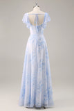 Blue Flower A-Line Square Neck Chiffon Flutter Sleeves Long Bridesmaid Dress with Slit