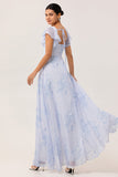 Blue Flower A-Line Square Neck Chiffon Flutter Sleeves Long Bridesmaid Dress with Slit