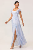 Blue Flower A-Line Square Neck Chiffon Flutter Sleeves Long Bridesmaid Dress with Slit