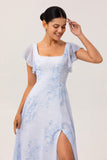 Blue Flower A-Line Square Neck Chiffon Flutter Sleeves Long Bridesmaid Dress with Slit