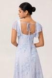 Blue Flower A-Line Square Neck Chiffon Flutter Sleeves Long Bridesmaid Dress with Slit