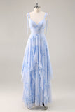 Blue Flower A-Line Spaghetti Straps High-Low Hem Long Bridesmaid Dress with Ruffles