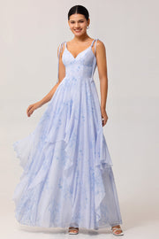Blue Flower A-Line Spaghetti Straps High-Low Hem Long Bridesmaid Dress with Ruffles