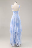 Blue Flower A-Line Spaghetti Straps High-Low Hem Long Bridesmaid Dress with Ruffles