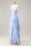 Blue Flower A-Line Spaghetti Straps High-Low Hem Long Bridesmaid Dress with Ruffles