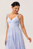 Blue Flower A-Line Spaghetti Straps High-Low Hem Long Bridesmaid Dress with Ruffles