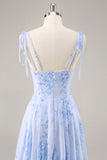A-Line Spaghetti Straps Long Blue Floral Bridesmaid Dress with Ruffles