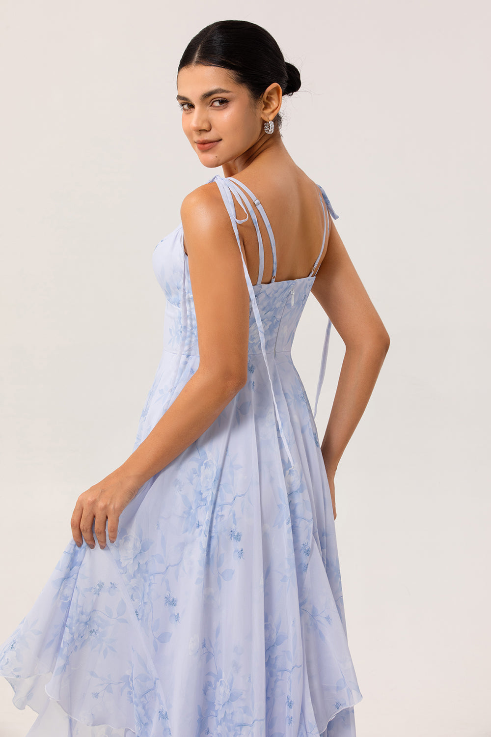 WEDTREND WOMEN Blue Floral Long Bridesmaid Dress with Ruffles High-Low Hem A-Line Spaghetti Straps Chiffon Wedding Guest Dress Wedtrend UK WEDTREND WOMEN Blue Floral Long Bridesmaid Dress with Ruffles High-Low Hem A-Line Spaghetti Straps Chiffon Wedding Guest Dress Wedtrend UK