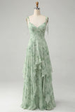 Blue Flower A-Line Spaghetti Straps High-Low Hem Long Bridesmaid Dress with Ruffles