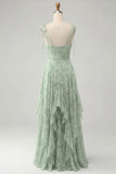 Blue Flower A-Line Spaghetti Straps High-Low Hem Long Bridesmaid Dress with Ruffles