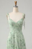 Blue Flower A-Line Spaghetti Straps High-Low Hem Long Bridesmaid Dress with Ruffles