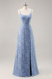 Dusty Blue A-Line Floral Long Bridesmaid Dress with Slit