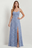 Dusty Blue A-Line Floral Long Bridesmaid Dress with Slit