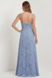 Dusty Blue A-Line Floral Long Bridesmaid Dress with Slit