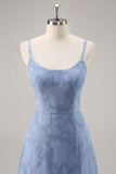 Dusty Blue A-Line Floral Long Bridesmaid Dress with Slit