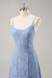 Dusty Blue A-Line Floral Long Bridesmaid Dress with Slit