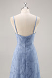 Dusty Blue A-Line Floral Long Bridesmaid Dress with Slit