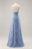 Dusty Blue A-Line Floral Long Bridesmaid Dress with Slit