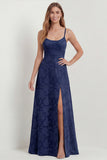 Dusty Blue A-Line Floral Long Bridesmaid Dress with Slit