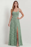 Dusty Blue A-Line Floral Long Bridesmaid Dress with Slit