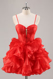 A Line Strapless Corset Tiered Red Short Prom Dress with Bows