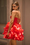 A Line Strapless Corset Tiered Red Short Prom Dress with Bows