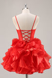 A Line Strapless Corset Tiered Red Short Prom Dress with Bows