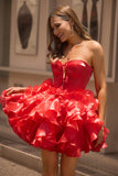 A Line Strapless Corset Tiered Red Short Prom Dress with Bows