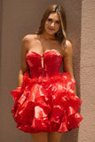 A Line Strapless Corset Tiered Red Short Prom Dress with Bows