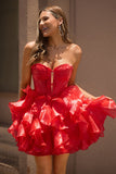 A Line Strapless Corset Tiered Red Short Prom Dress with Bows